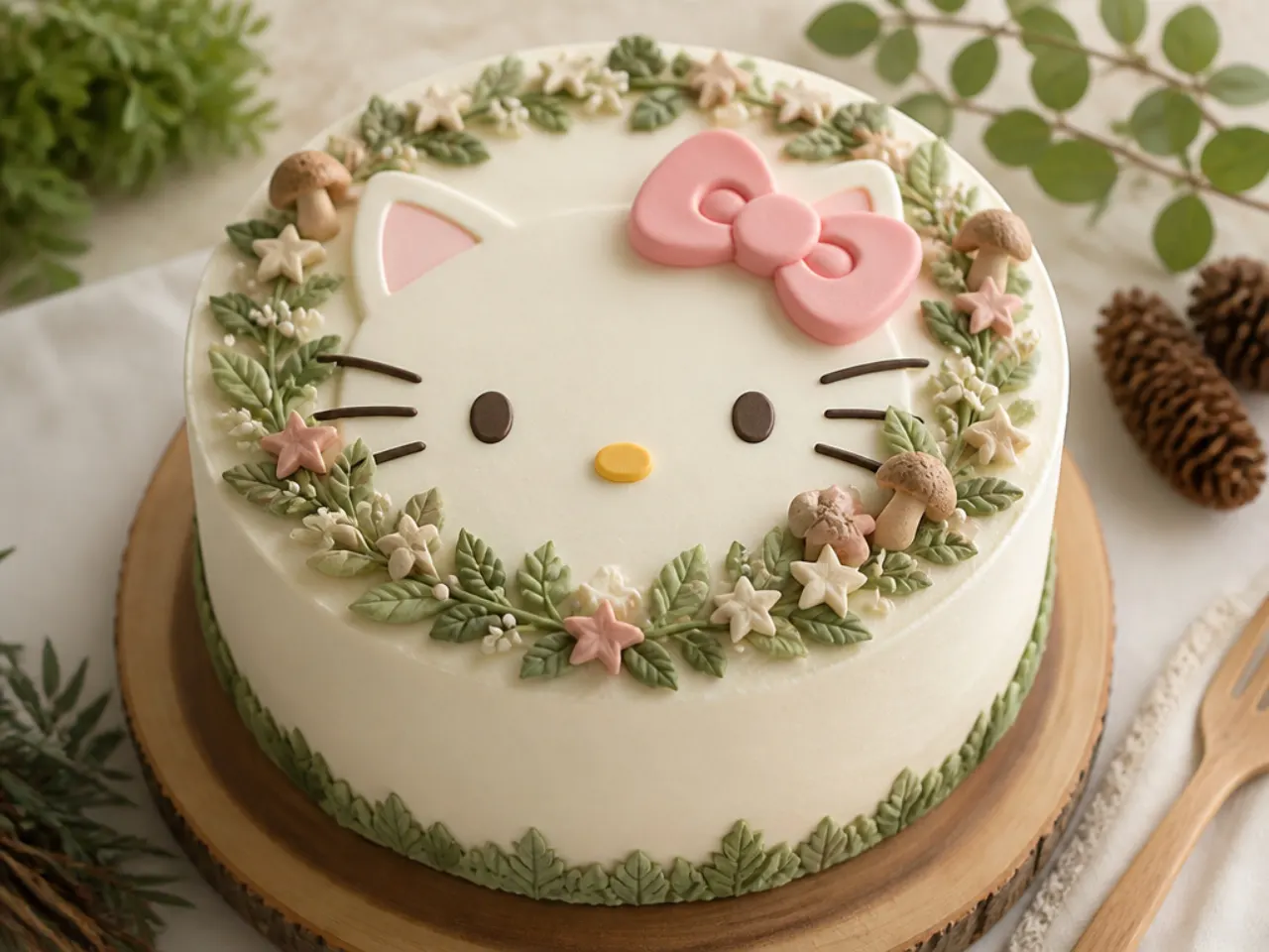Rustic woodland Hello Kitty cake design with a piped greenery wreath