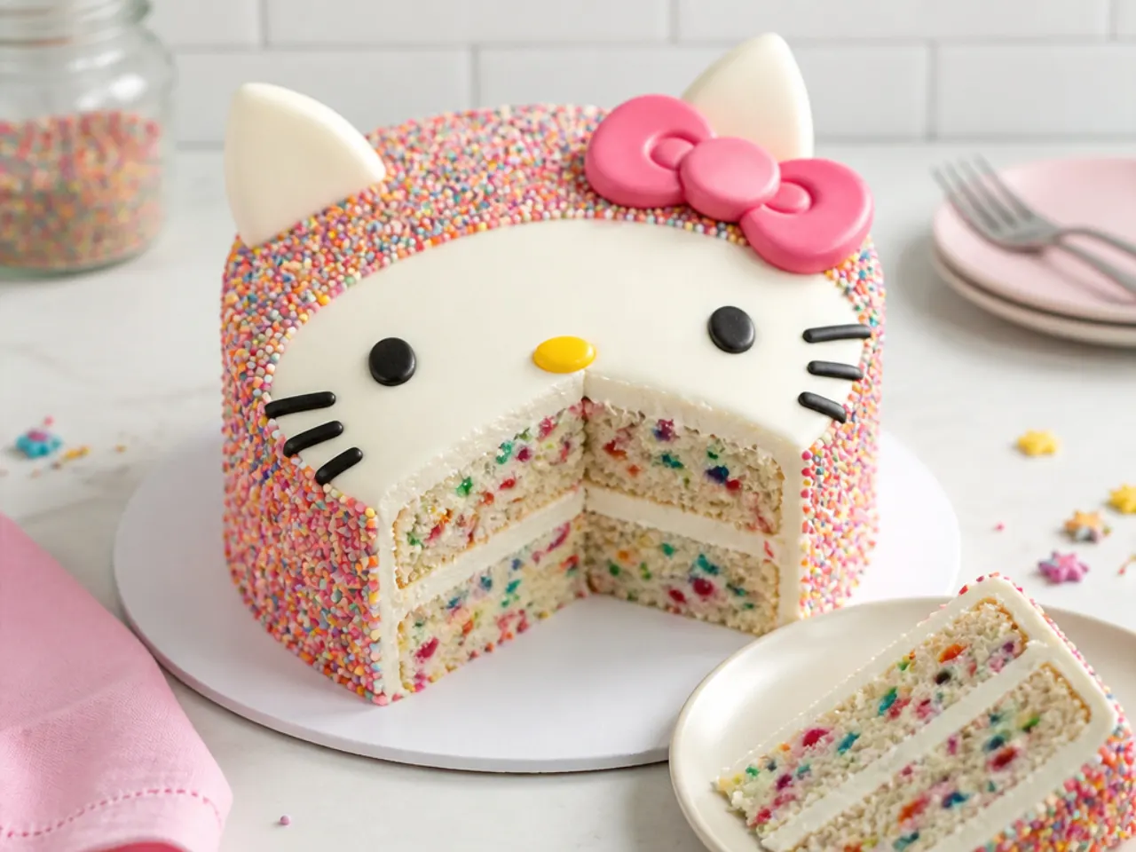 Colorful funfetti Hello Kitty cake design with sprinkles inside and out