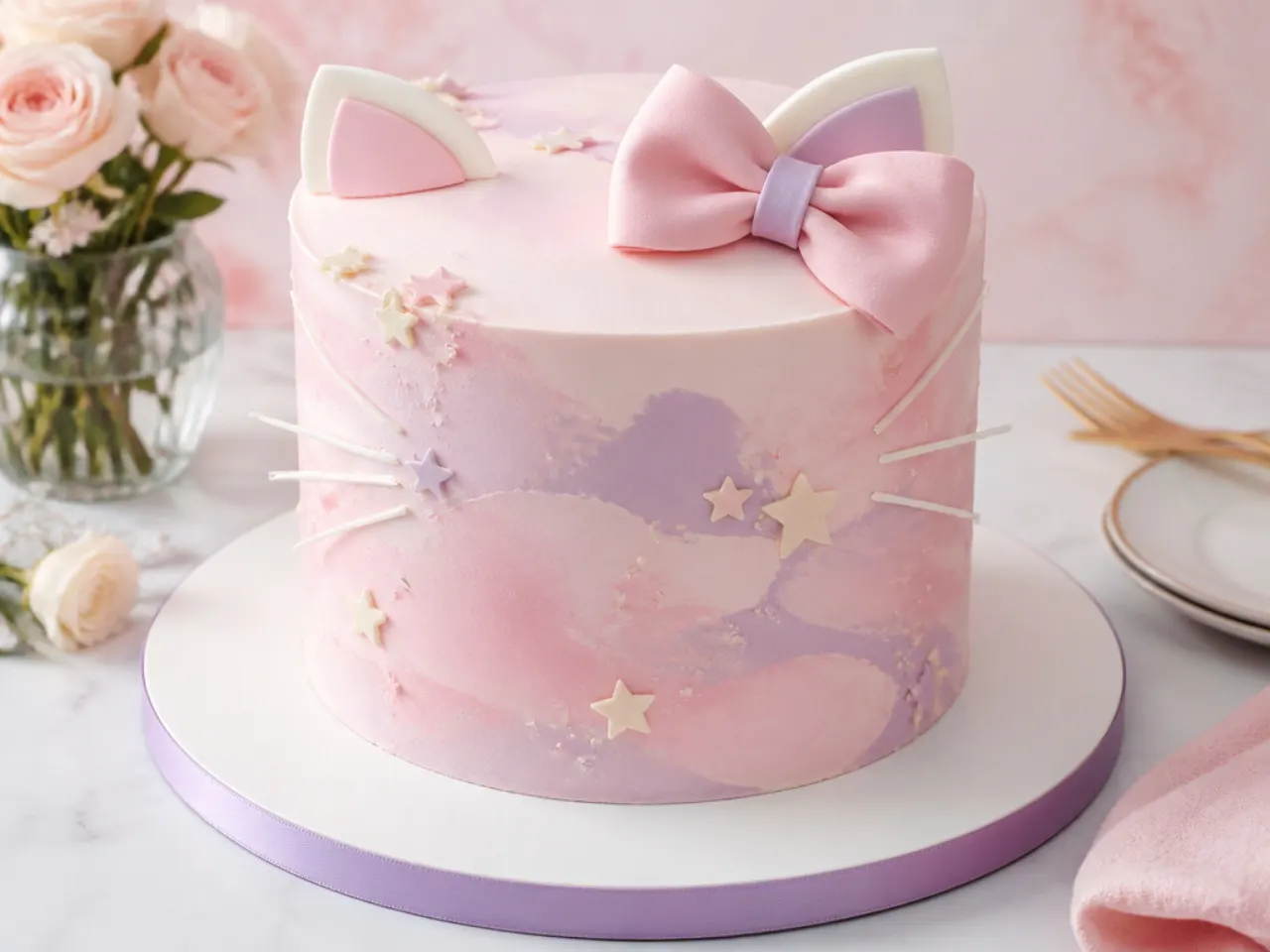 Minimal watercolour Hello Kitty cake design brushed in soft pink and lilac