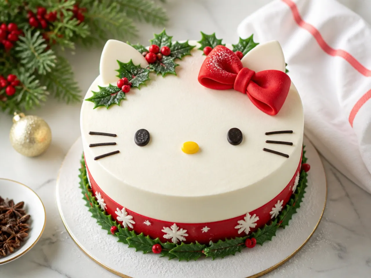 Festive Christmas Hello Kitty cake design with holly and a red bow