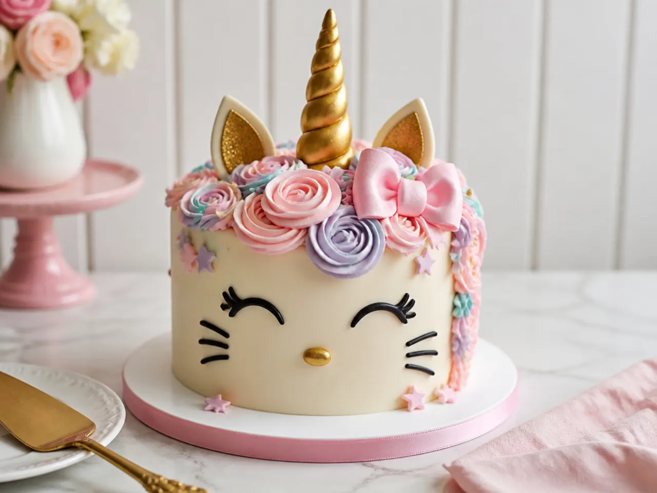 Whimsical unicorn Hello Kitty fusion cake design with a gold horn and pastel mane