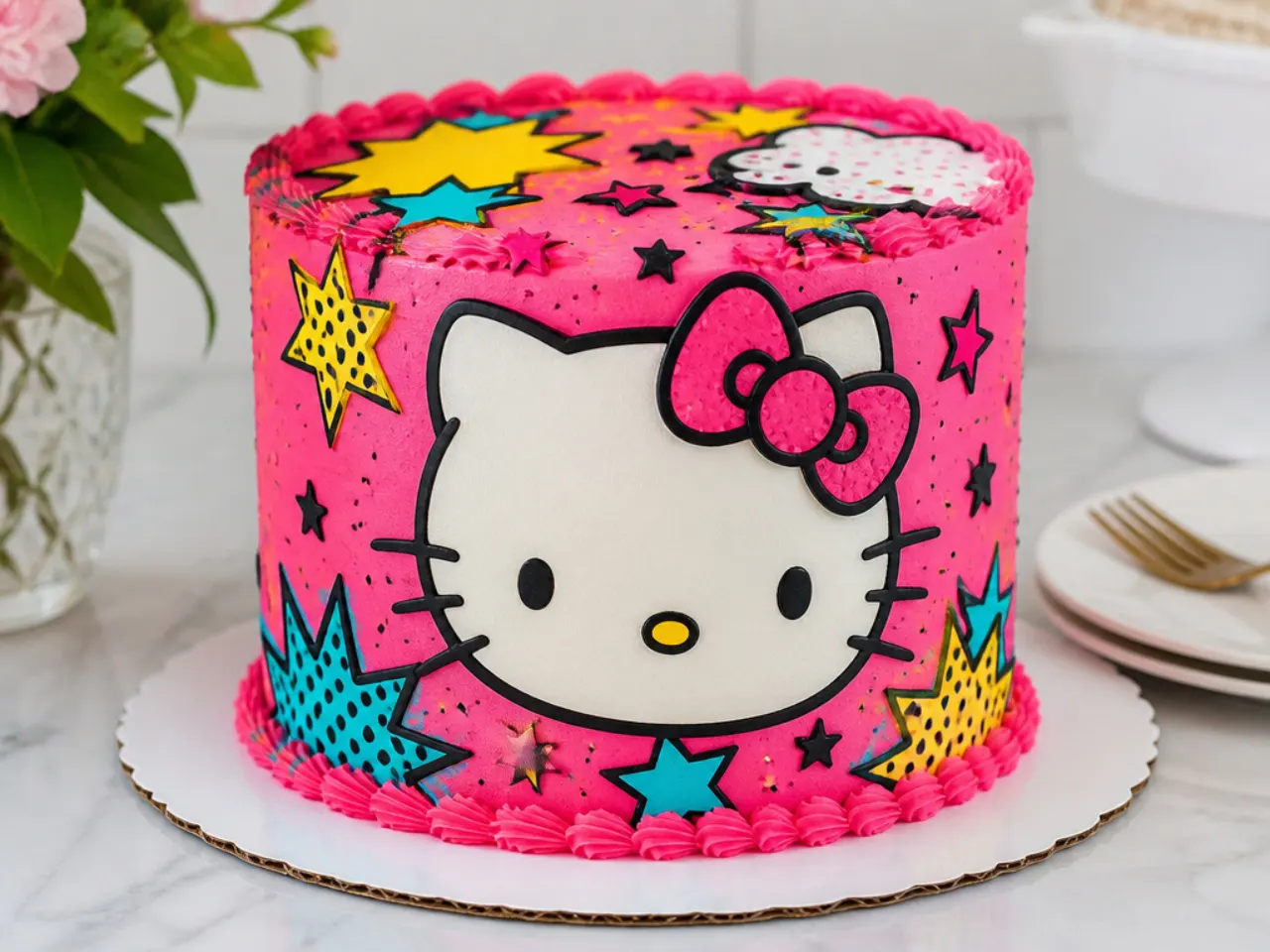 Bold neon pop-art Hello Kitty cake design with comic-style dots and outlines