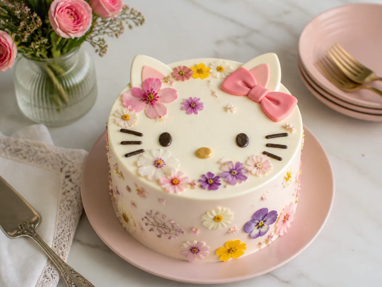 Delicate pressed-flower Hello Kitty cake design with edible blooms on pastel buttercream