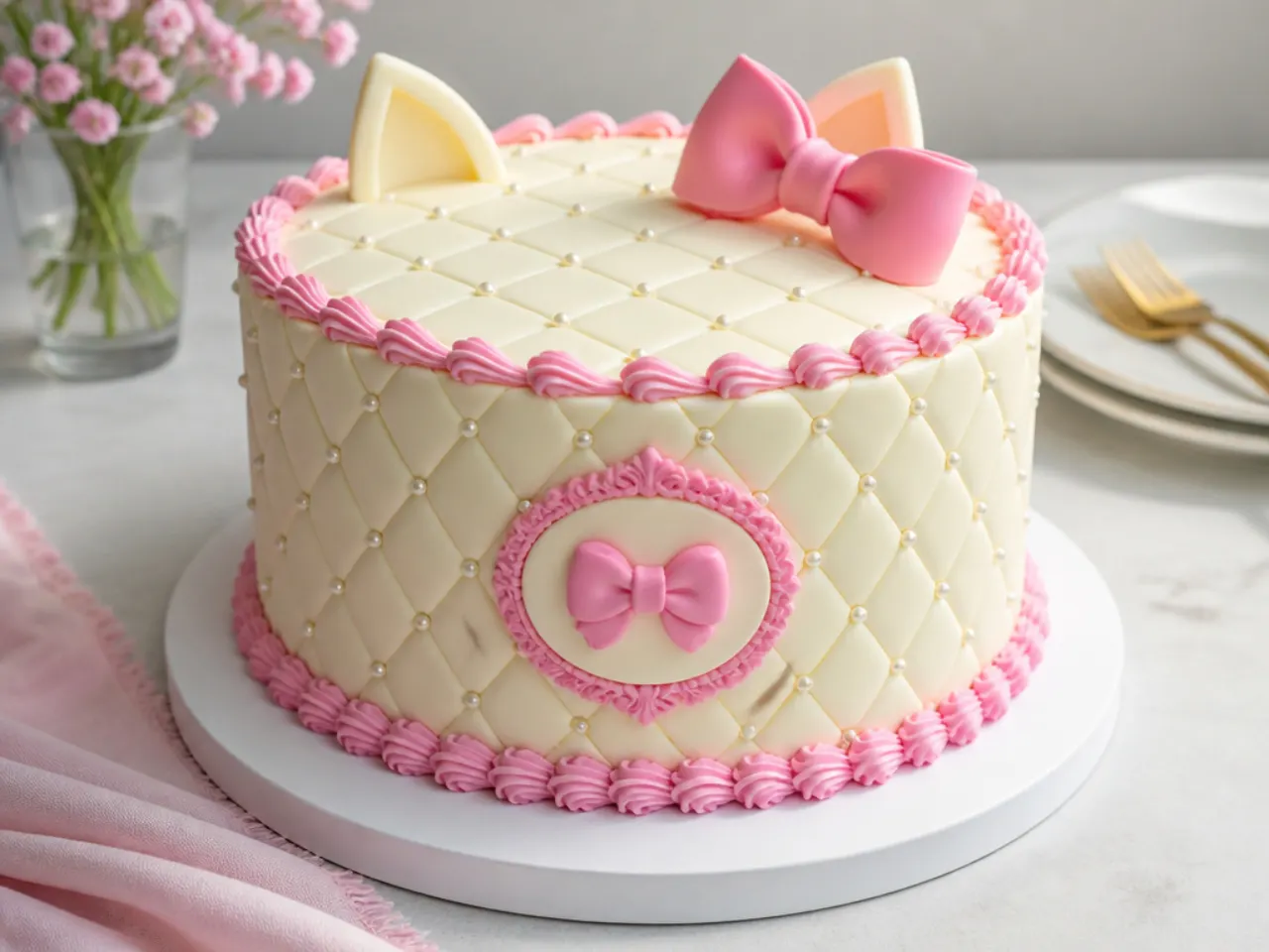 Vintage quilted Hello Kitty cake design with diamond pattern and edible pearls
