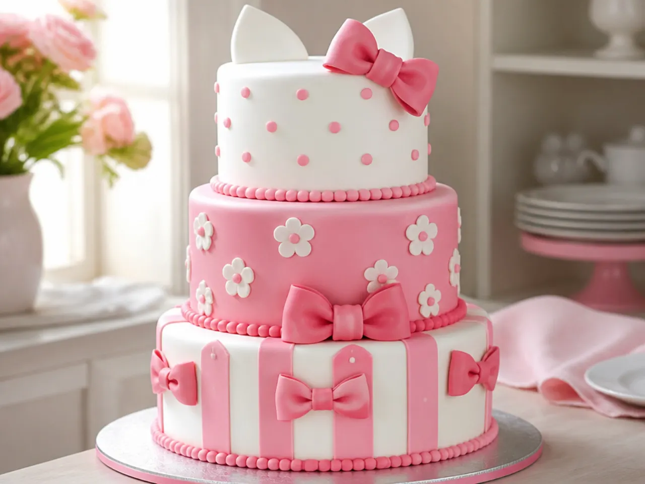 Creative three-tier Hello Kitty cake design with bows, dots and flower motifs