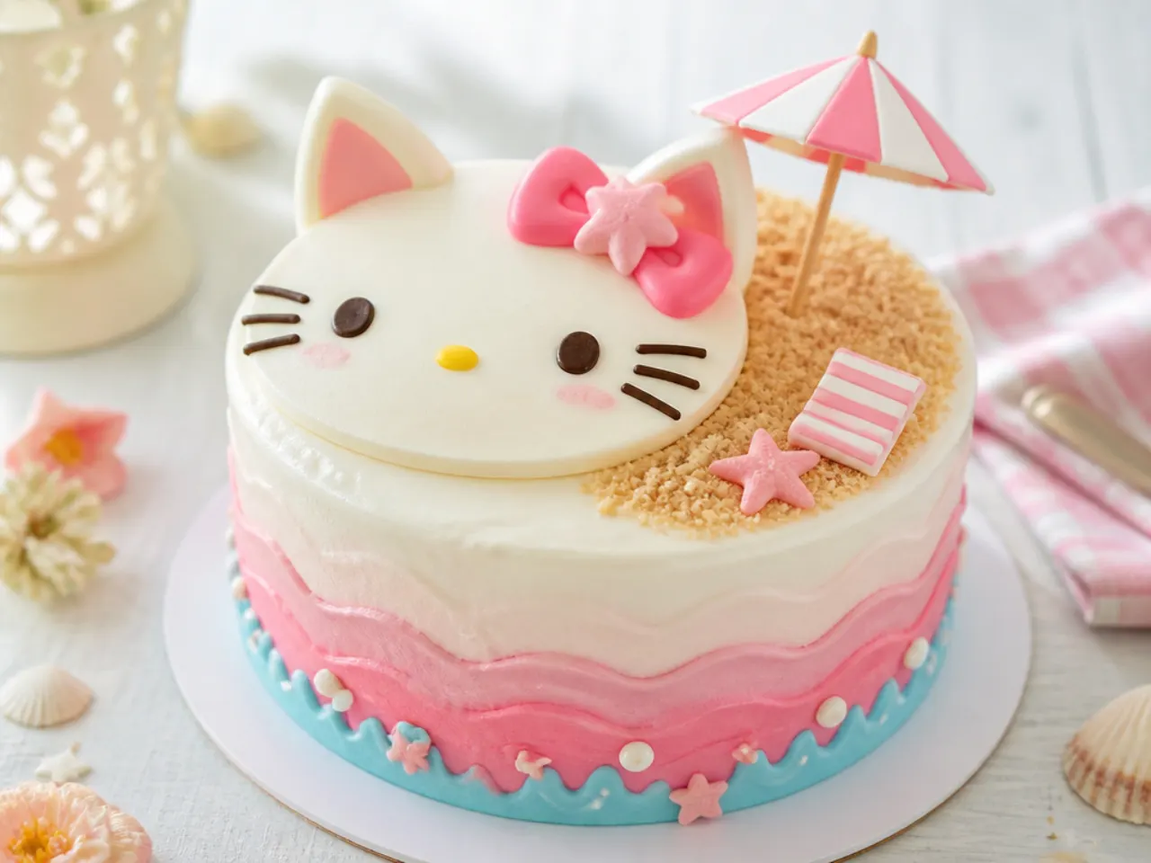 Charming beach-day Hello Kitty cake design with biscuit sand and a tiny umbrella