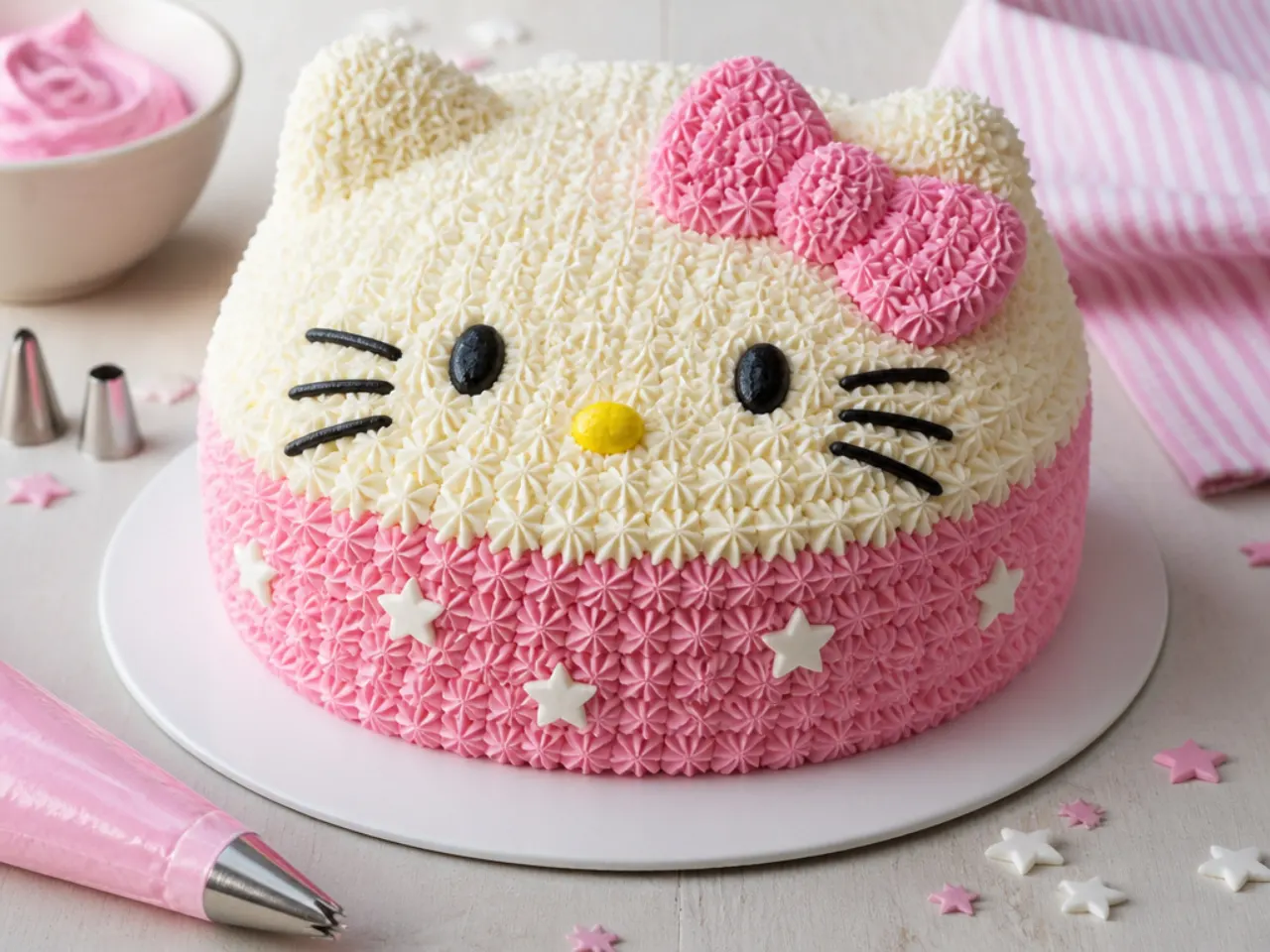 Tips to make Hello Kitty cake designs easier with piping tips and buttercream