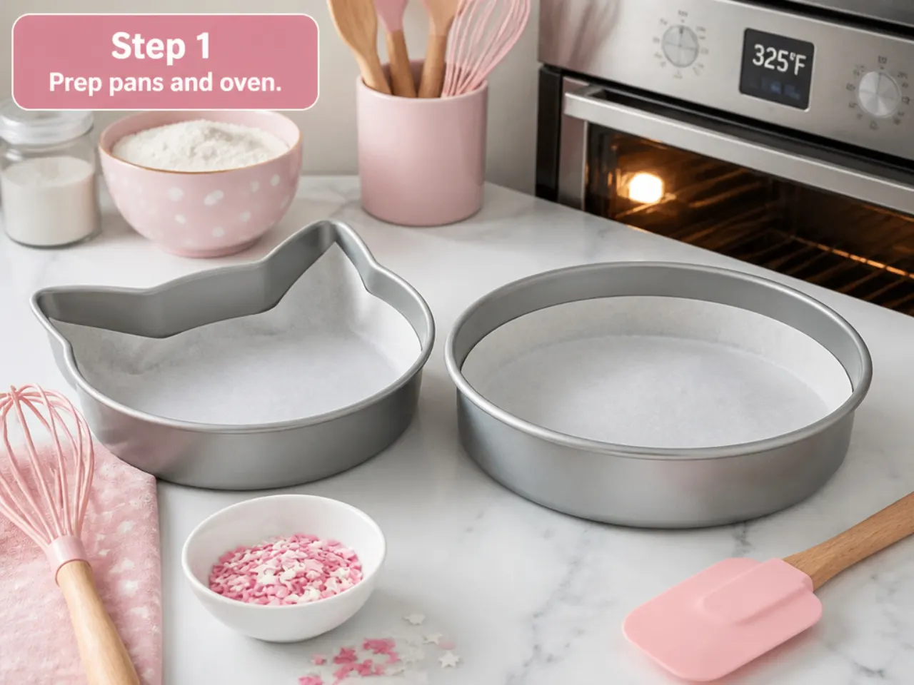 hello kitty cake for girls — step 1: prep pans and oven