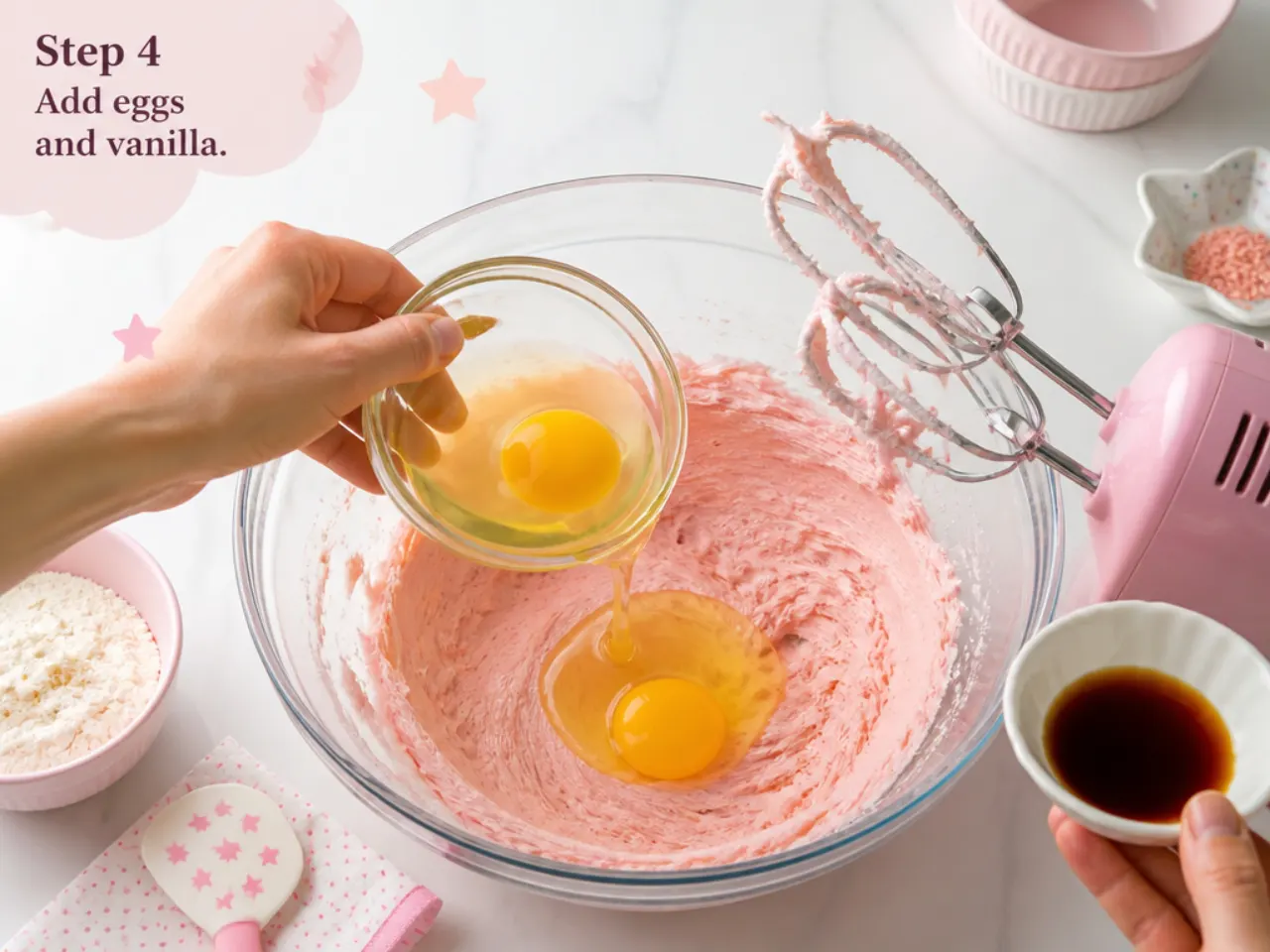 hello kitty cake for girls — step 4: add eggs and vanilla
