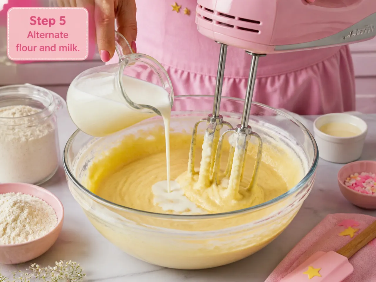 hello kitty cake for girls — step 5: alternate flour and milk