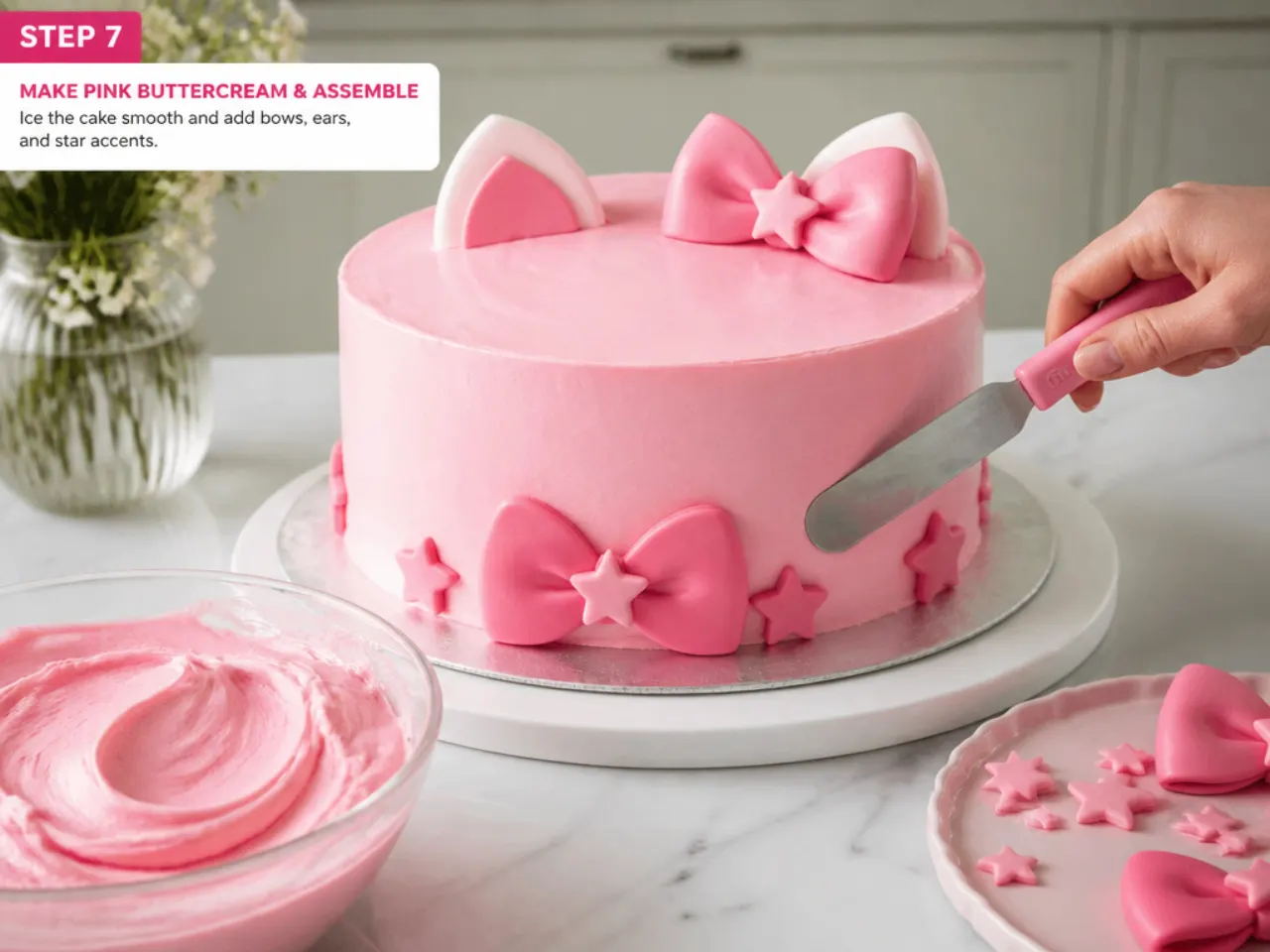 hello kitty cake for girls — step 7: make pink buttercream and assemble
