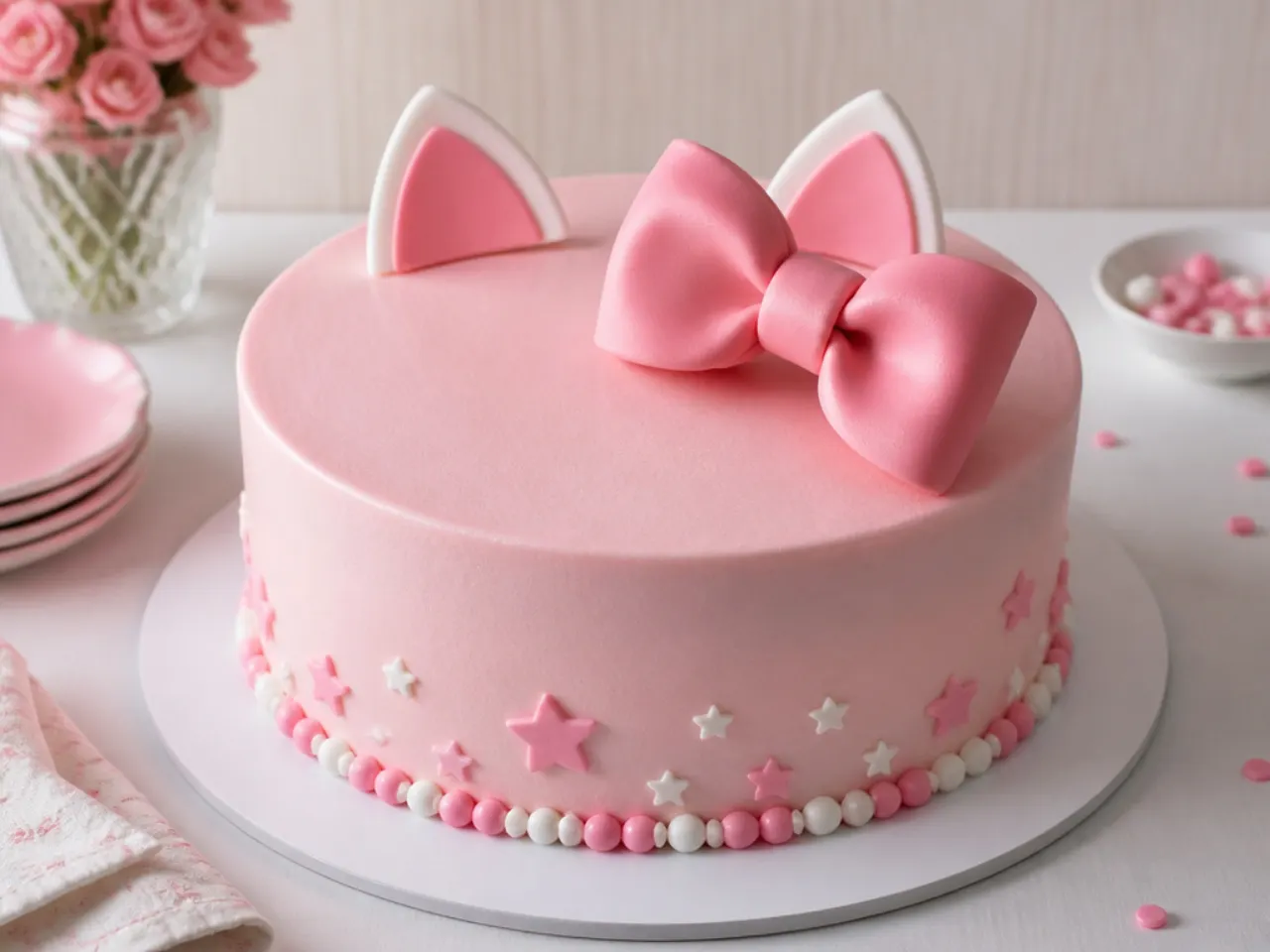 Classic pink Hello Kitty cake for girls with a fondant bow accent on top