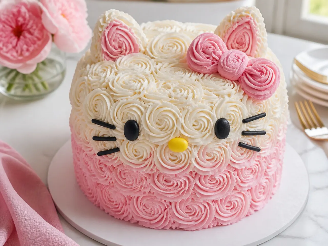 Easy rosette swirl Hello Kitty cake for girls piped in pink and white buttercream