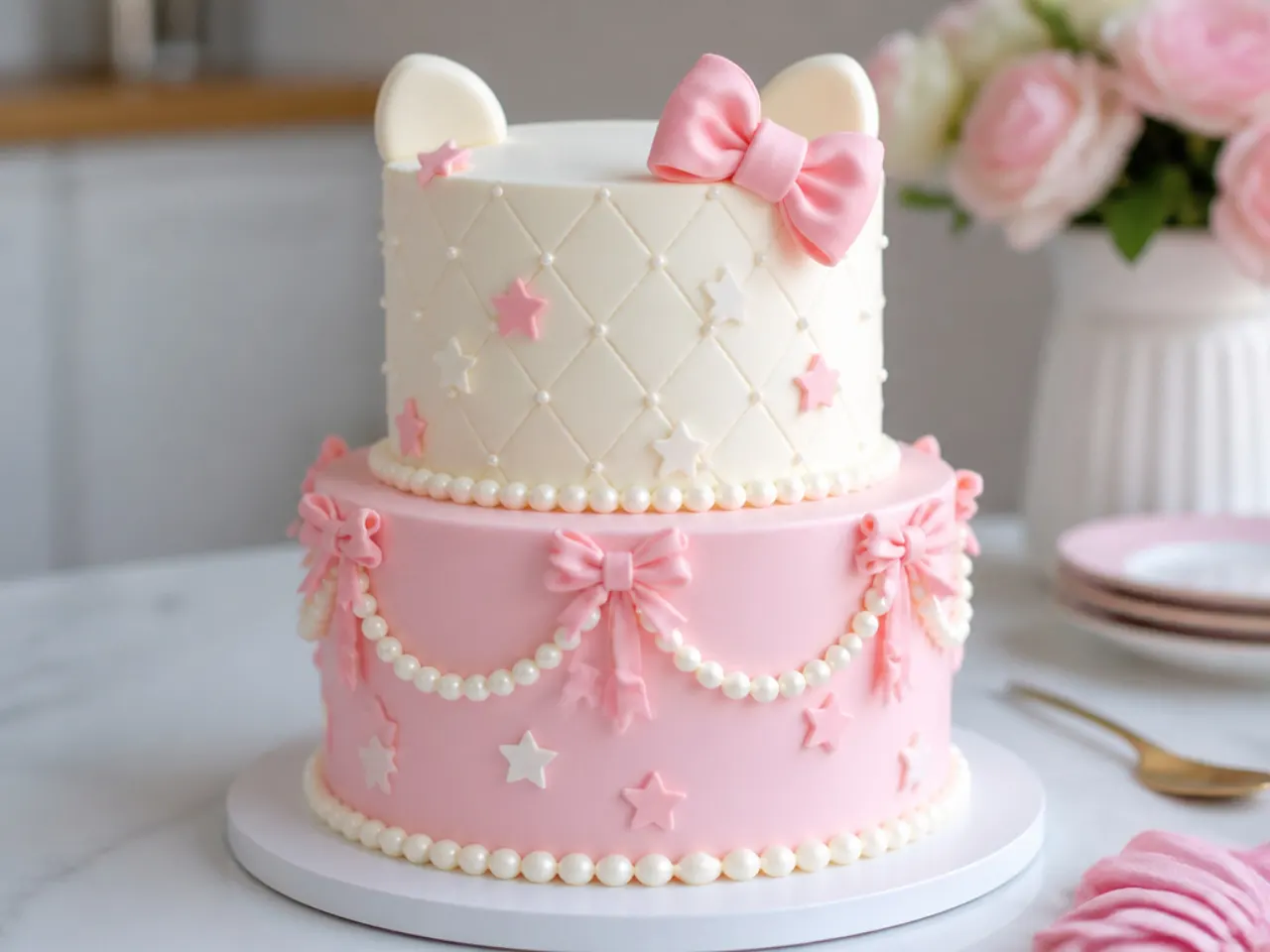 Elegant two-tier pearl Hello Kitty cake for girls in ivory and pink