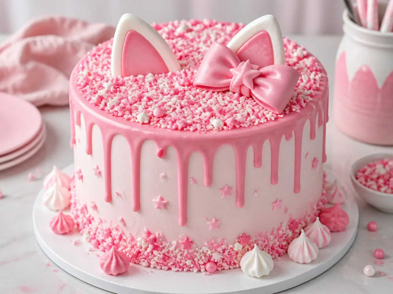 Playful pink sprinkle drip Hello Kitty cake for girls with meringue kisses