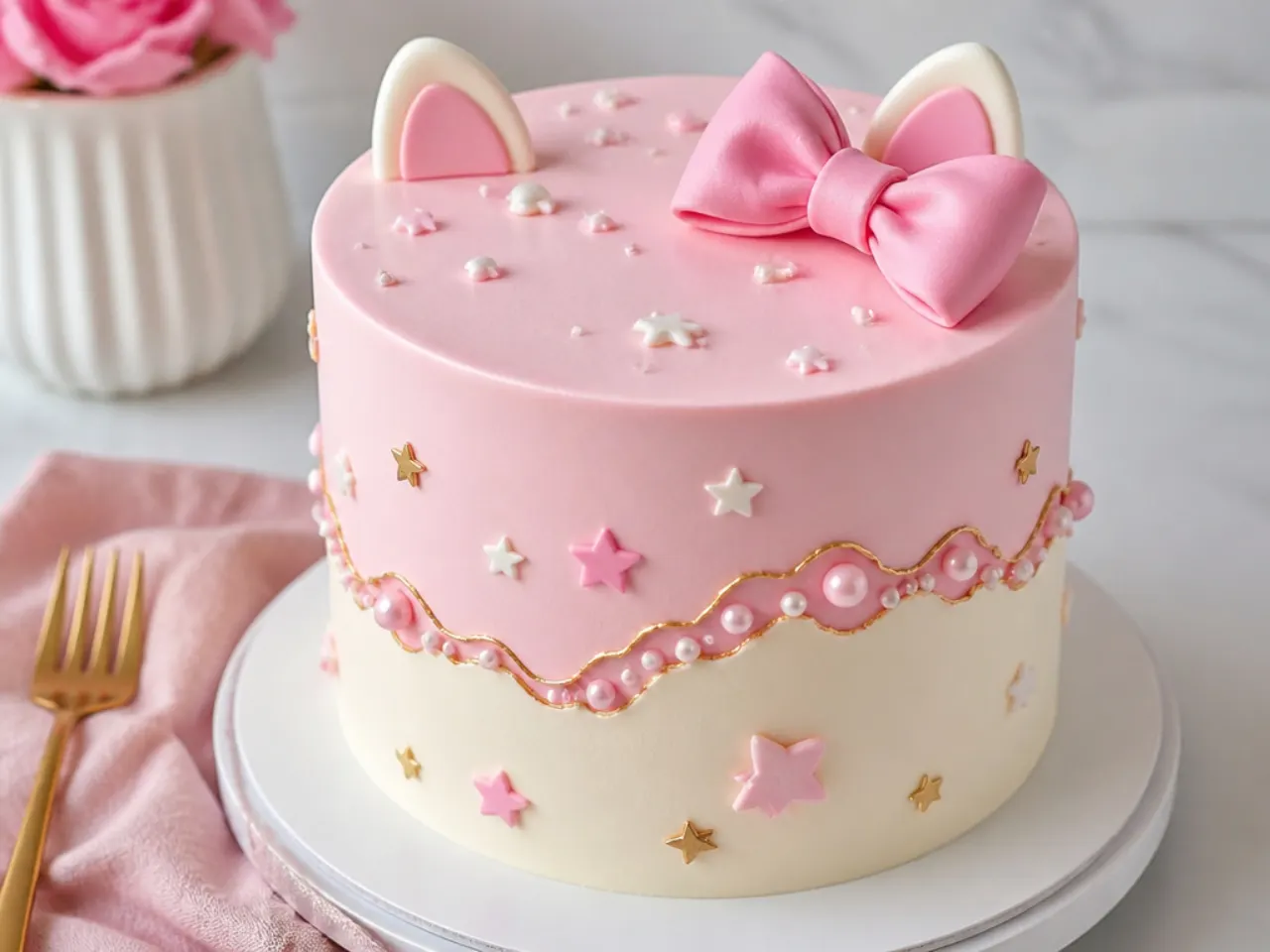 Modern fault-line Hello Kitty cake for girls with a pink pearl stripe