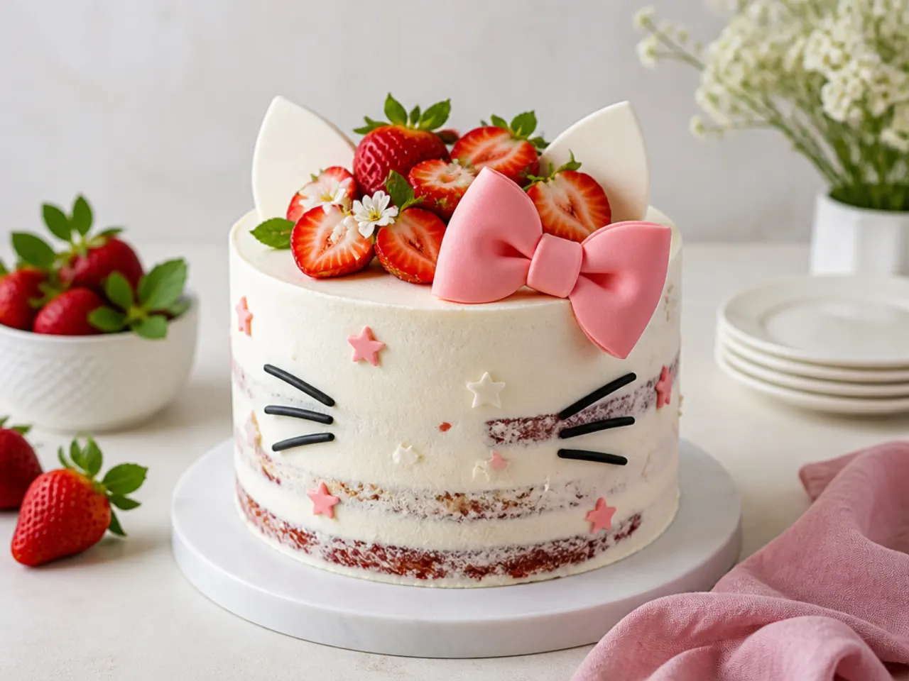 Rustic semi-naked strawberry Hello Kitty cake for girls topped with fresh berries
