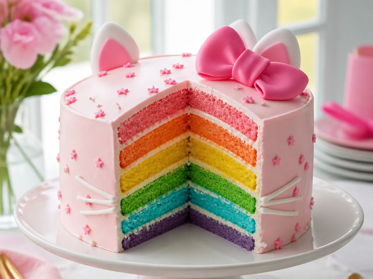 Colorful rainbow layer Hello Kitty cake for girls with pink exterior