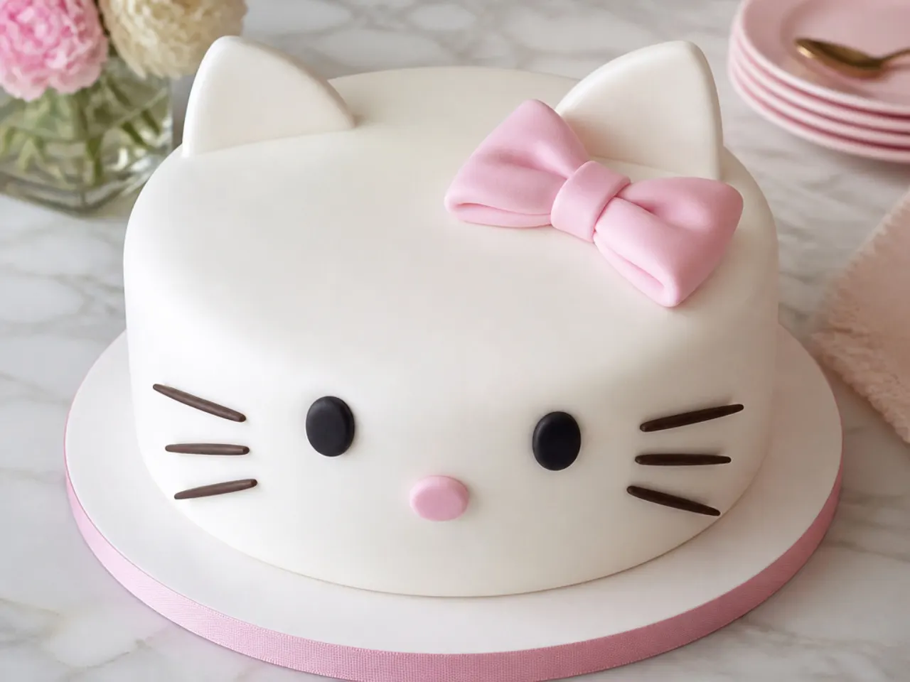 Minimal white Hello Kitty cake for girls with one pink fondant bow