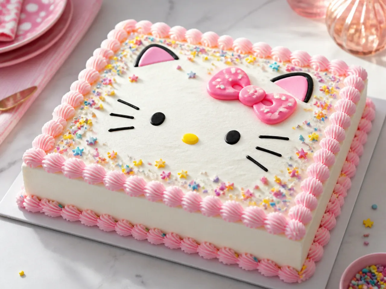 Festive confetti sheet Hello Kitty cake for girls with piped shell border
