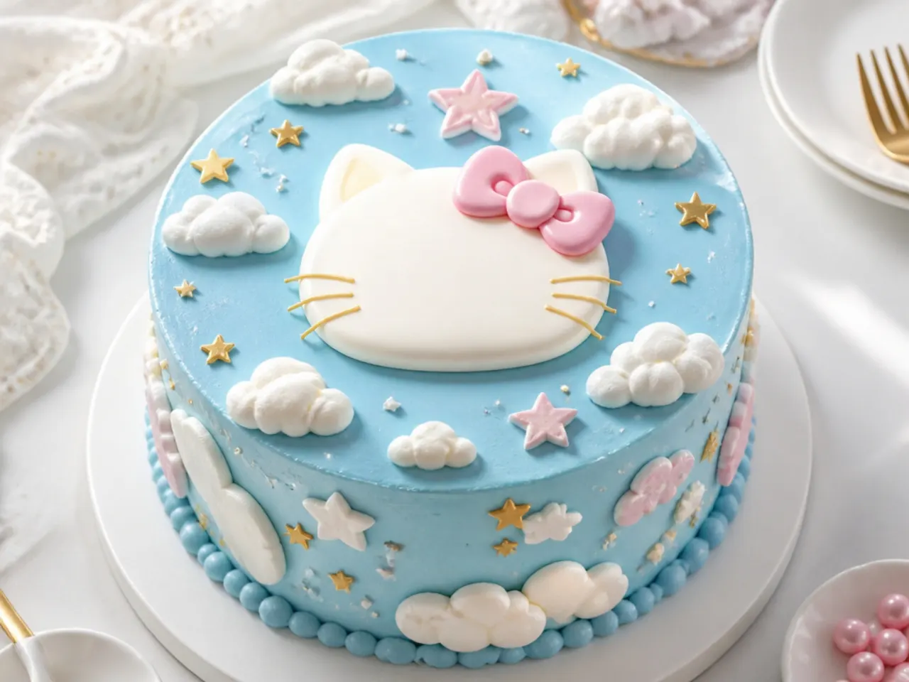 Whimsical cloud and star Hello Kitty cake for girls on a blue sky base