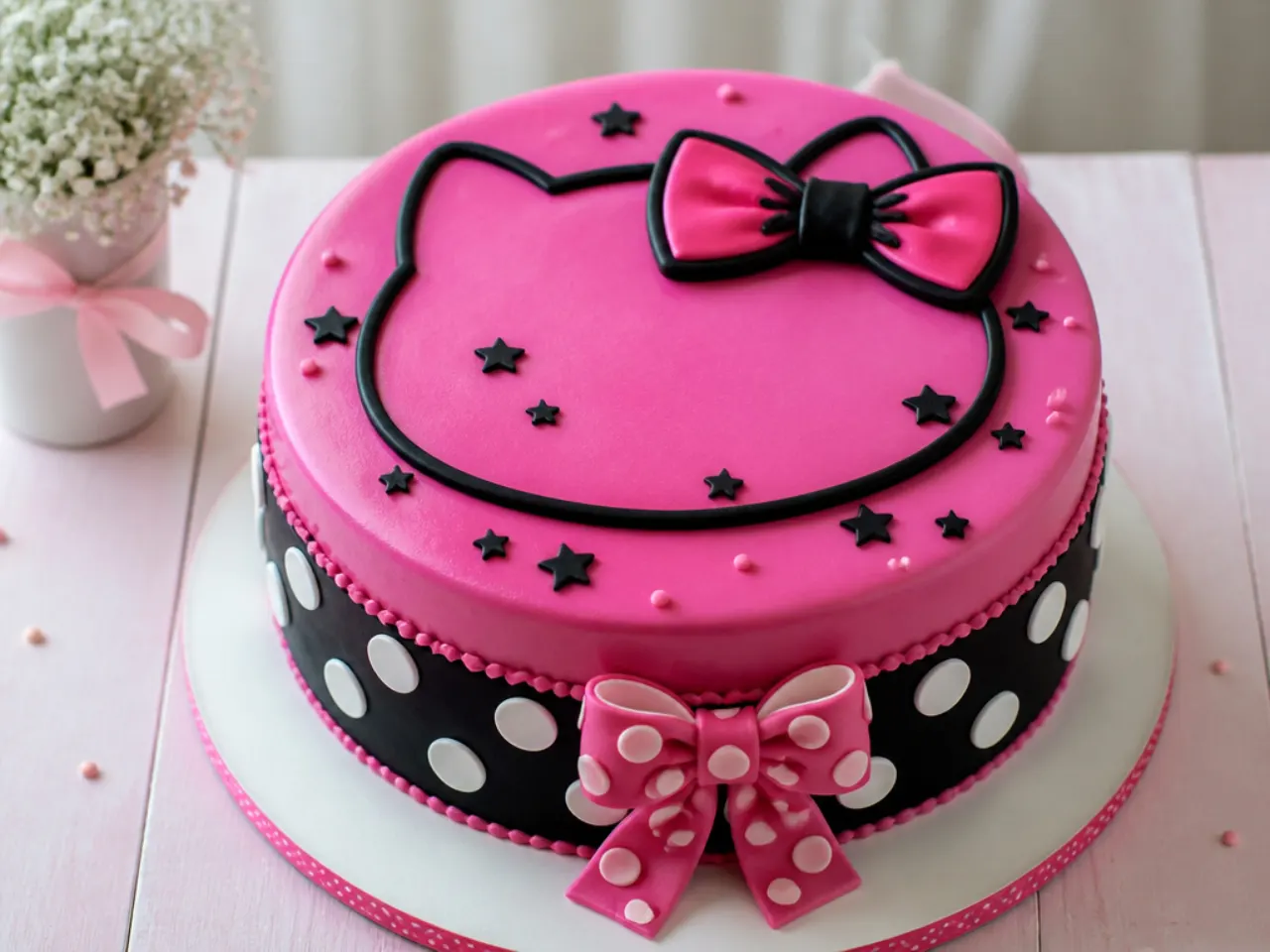Bold hot-pink and black Hello Kitty cake for girls with polka dots