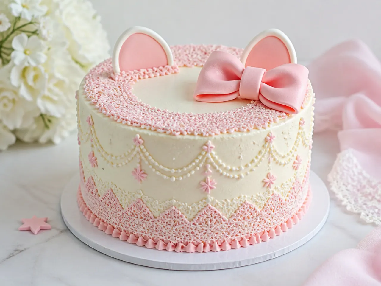 Delicate buttercream lace Hello Kitty cake for girls in blush and white
