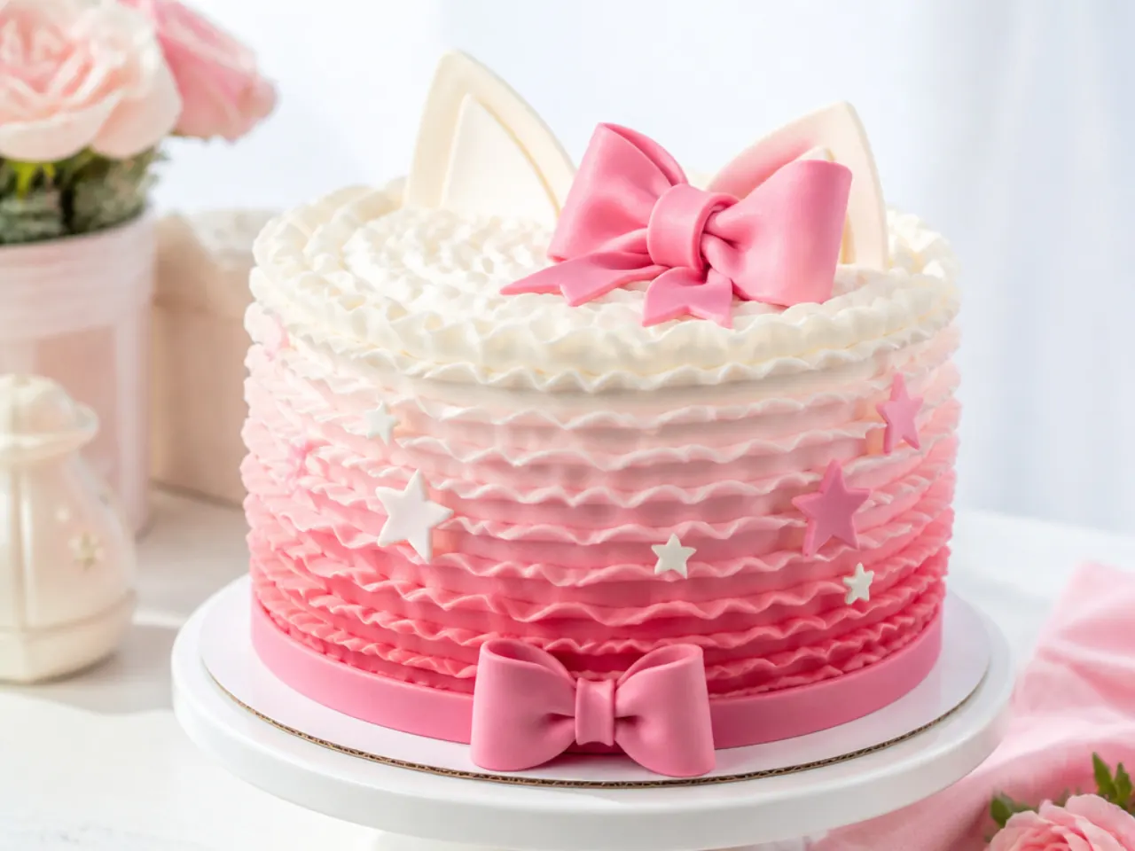 Vintage ruffle ribbon Hello Kitty cake for girls in ombre pink