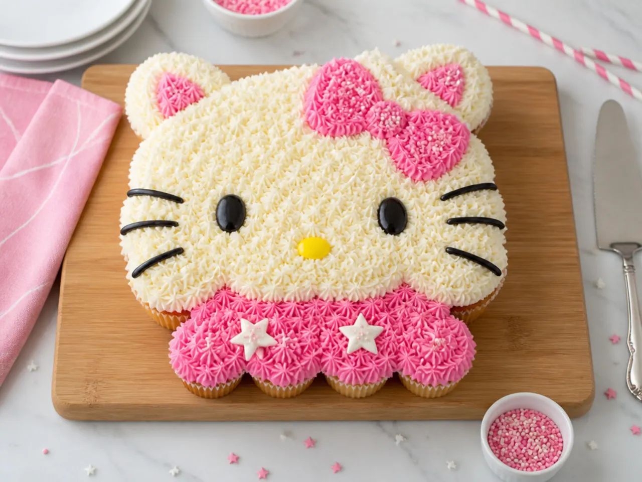 Creative pull-apart cupcake Hello Kitty cake for girls arranged on a board