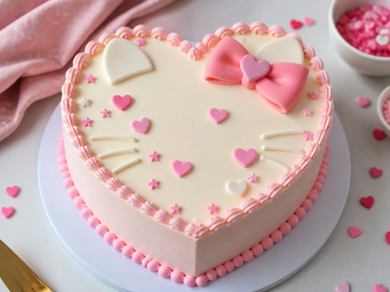 Charming heart-shaped Hello Kitty cake for girls with sugar heart accents
