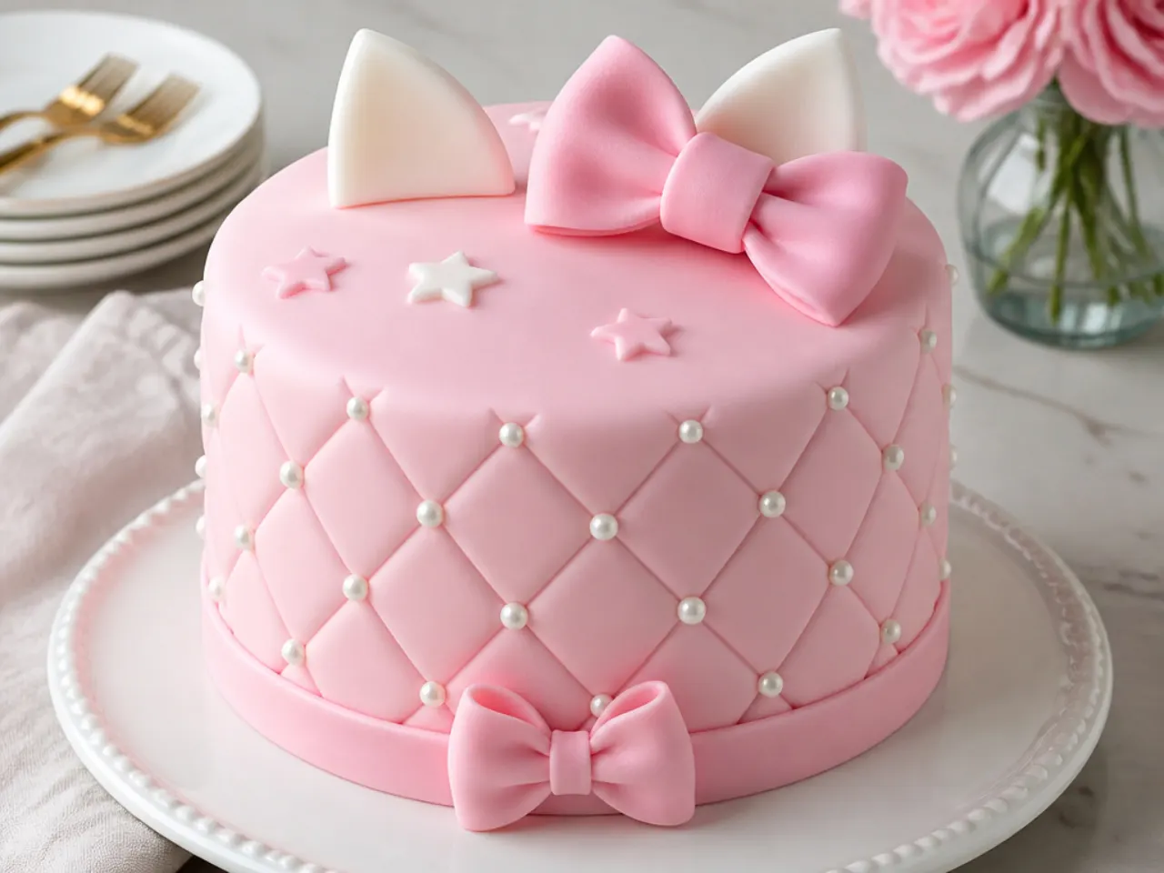 Quilted diamond Hello Kitty cake for girls with pearls at each intersection