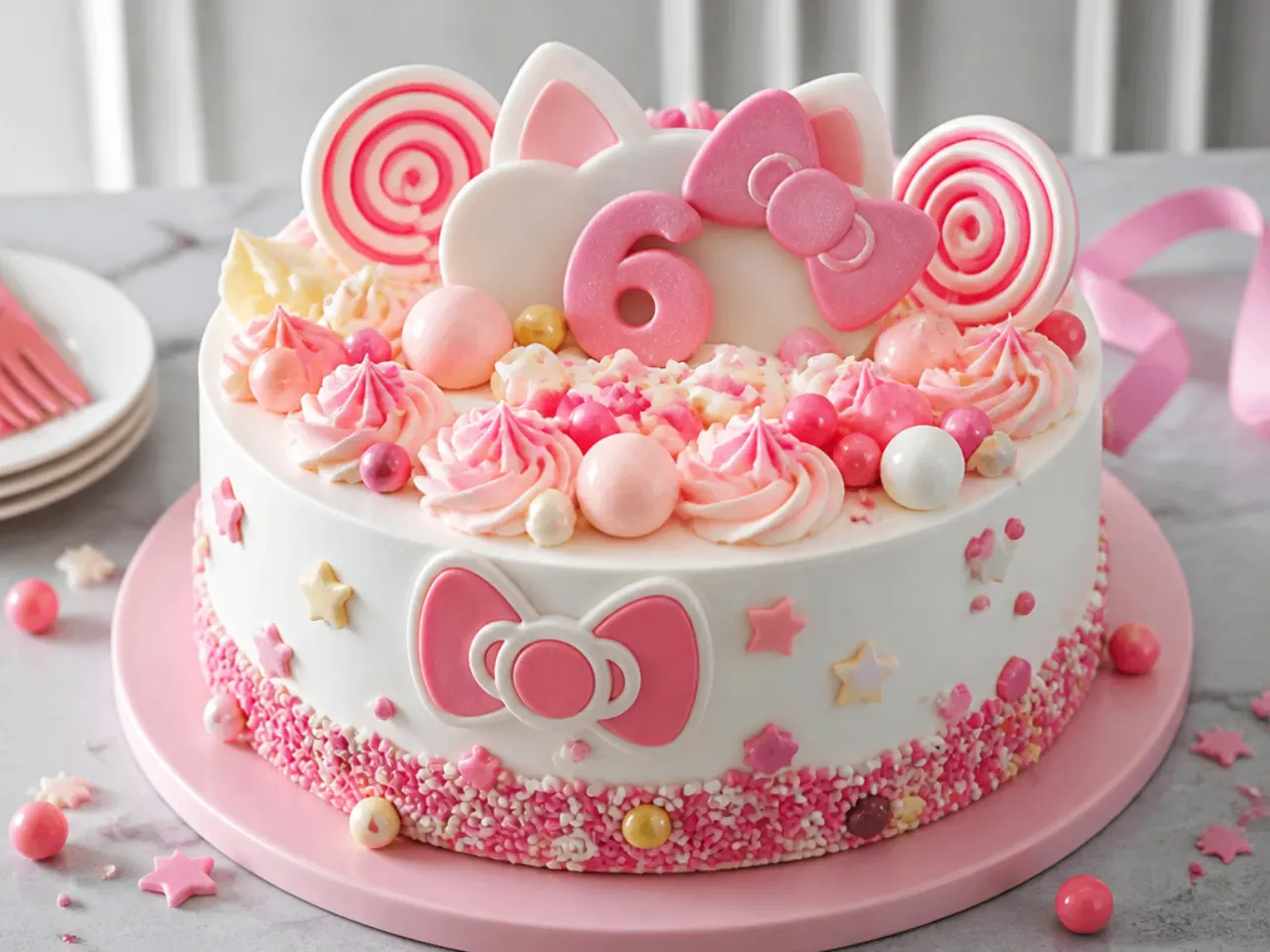 Easy no-fondant candy Hello Kitty cake for girls decorated with sweets