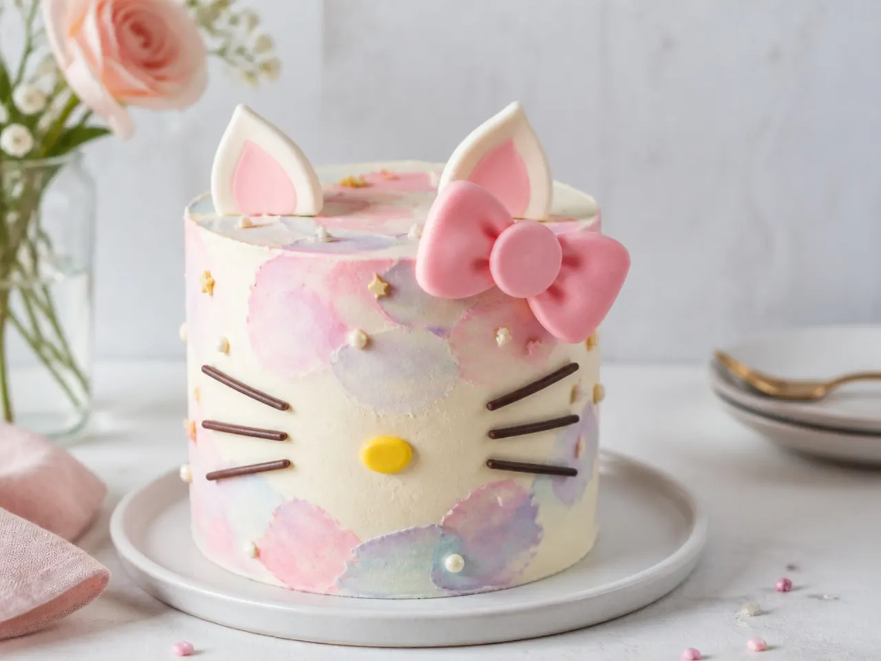 Elegant watercolor buttercream Hello Kitty cake for girls in pastel washes