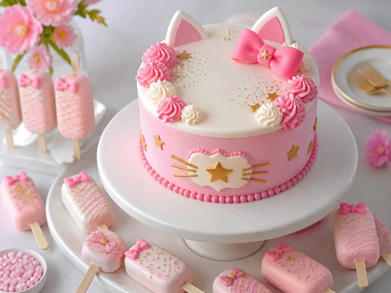 Playful cakesicle and cake combo Hello Kitty cake for girls on a stand