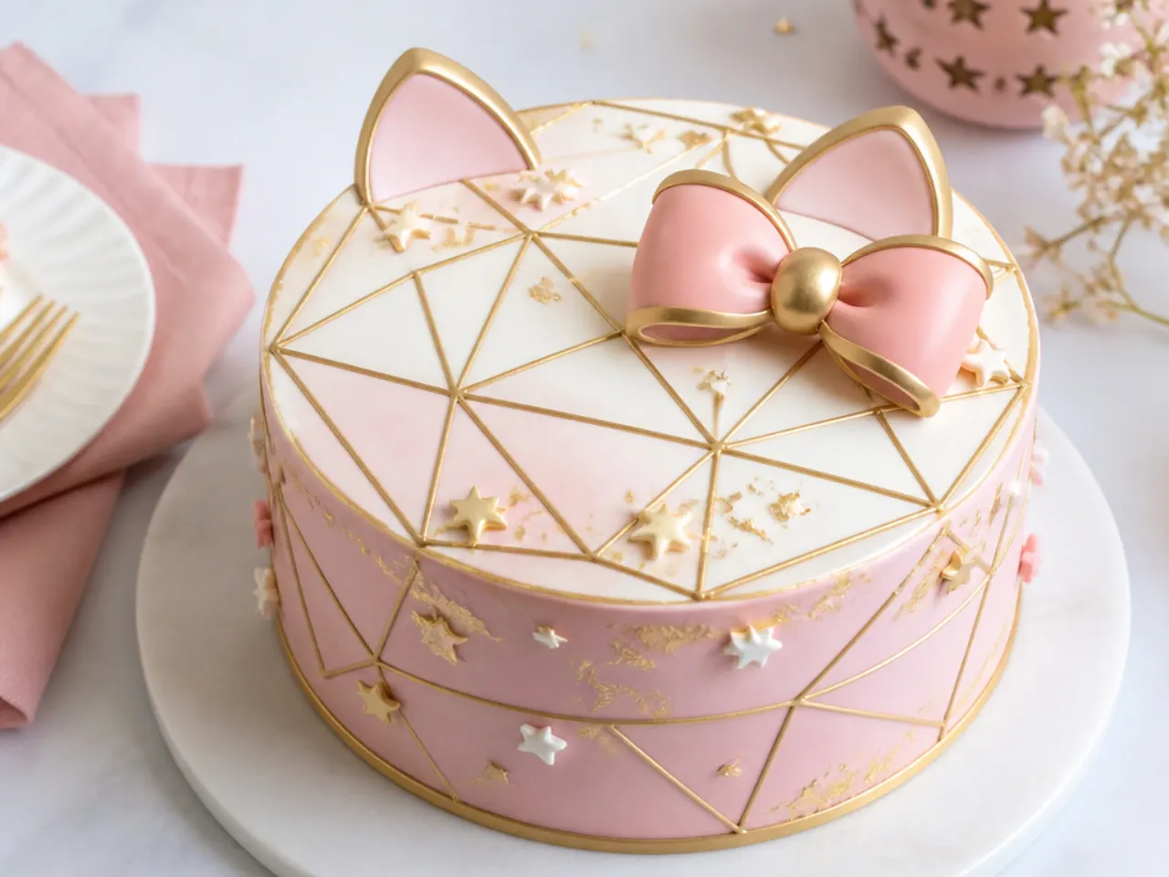 Modern geometric gold-leaf Hello Kitty cake for girls in blush pink