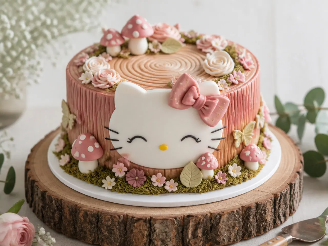 Rustic woodland Hello Kitty cake for girls with fondant flowers and mushrooms