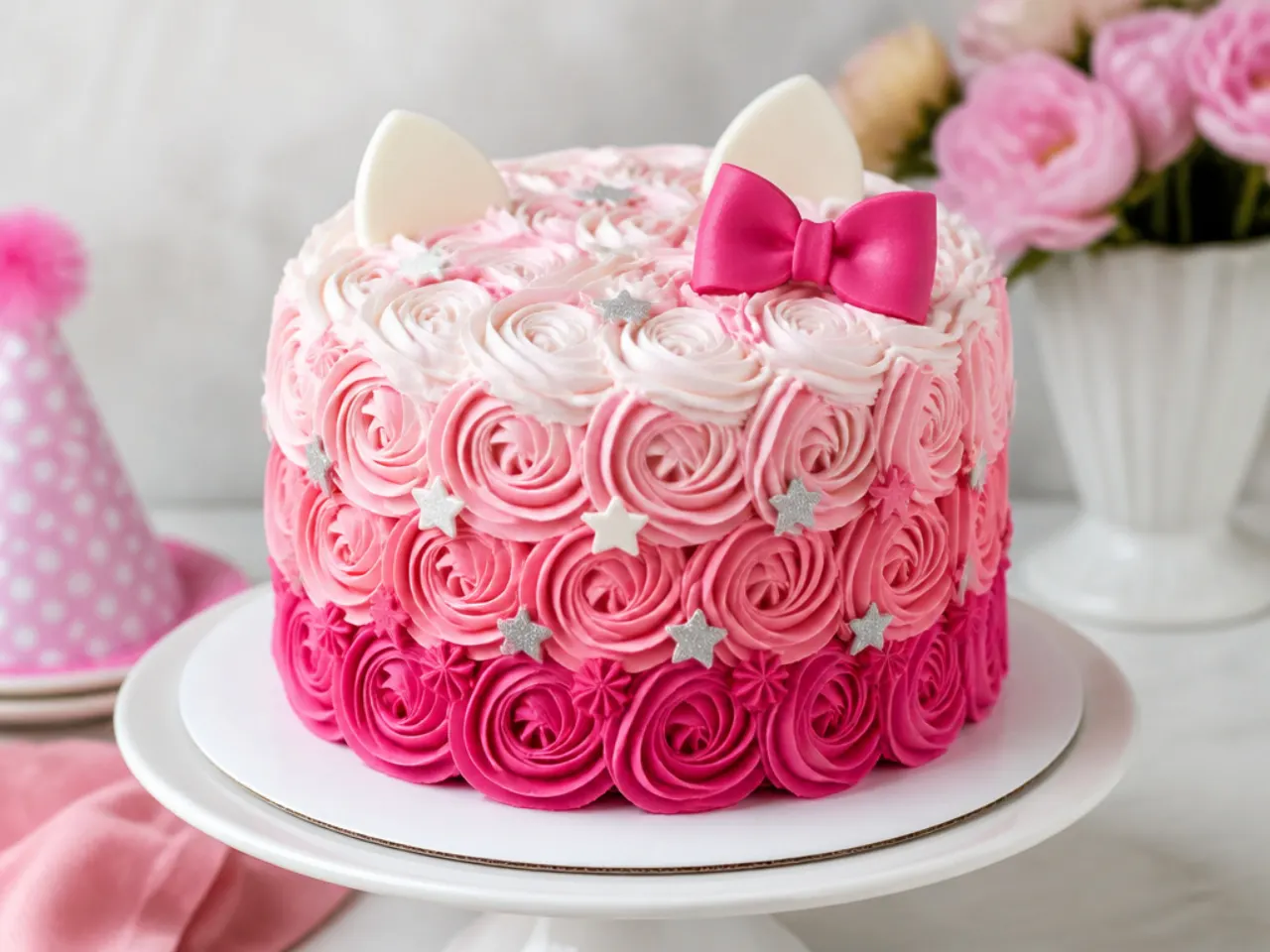 Colorful ombre rosette Hello Kitty cake for girls from magenta to blush