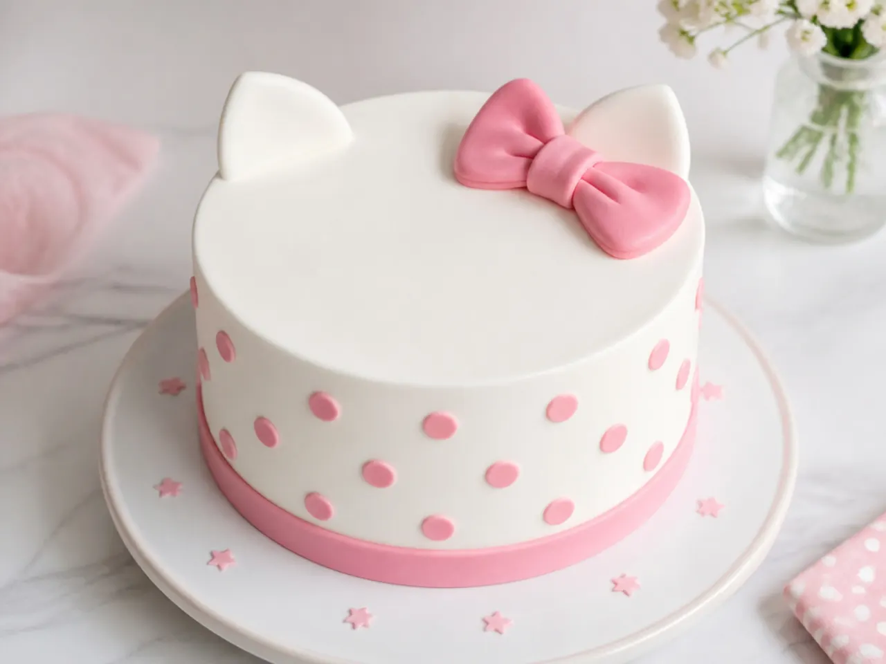 Minimal Scandi dot Hello Kitty cake for girls with pink polka dots