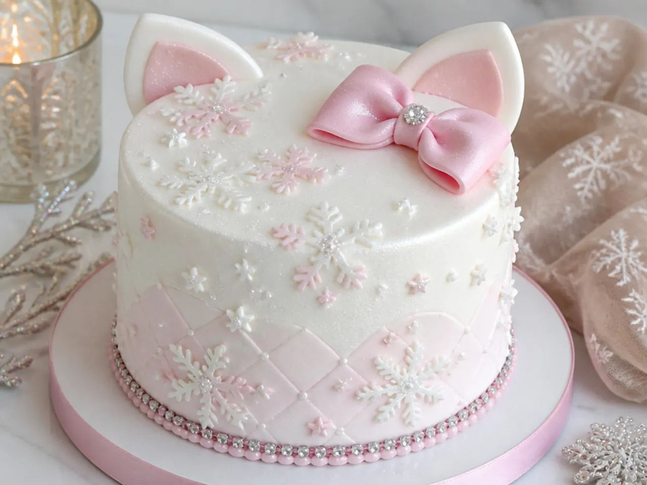 Festive winter sparkle Hello Kitty cake for girls with snowflakes and shimmer