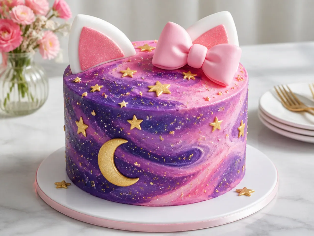 Whimsical galaxy Hello Kitty cake for girls with gold stars and a moon