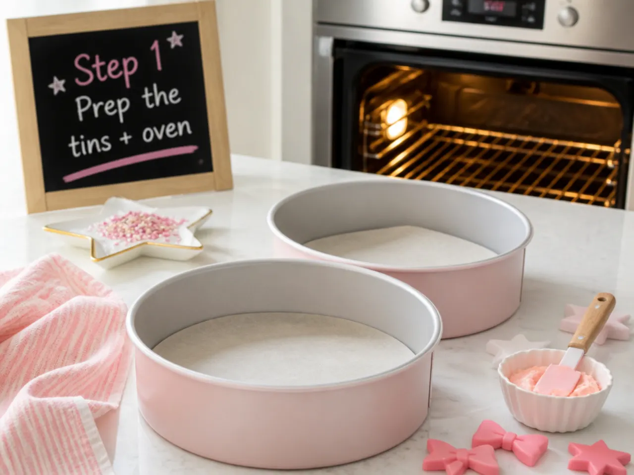 hello kitty cake ideas — step 1: prep the tins and oven