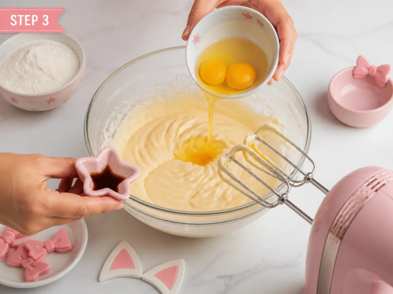 hello kitty cake ideas — step 3: add the eggs and vanilla