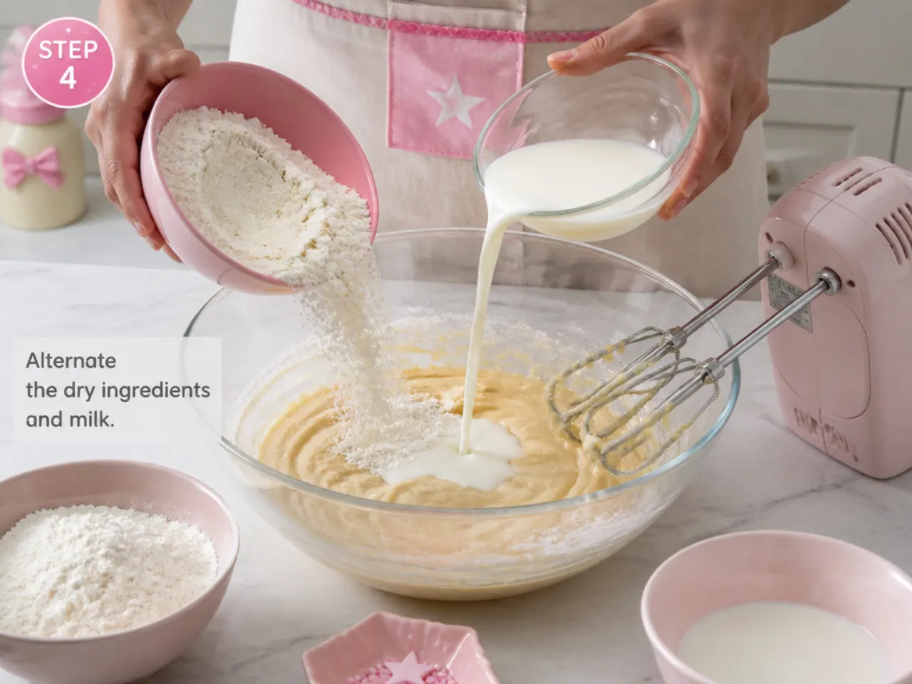 hello kitty cake ideas — step 4: alternate the dry ingredients and milk