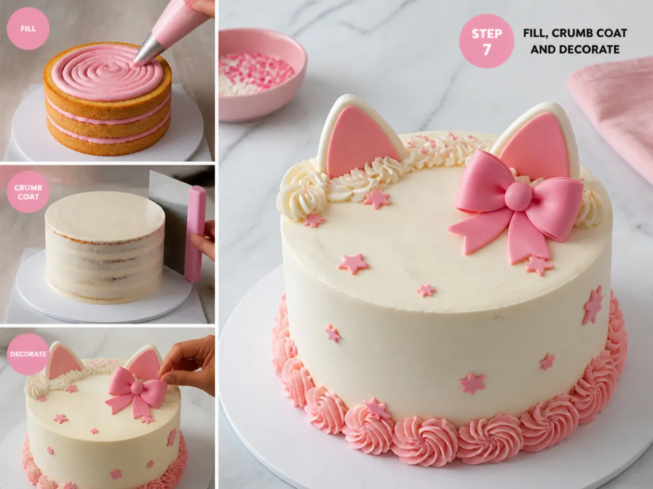 hello kitty cake ideas — step 7: fill, crumb coat and decorate