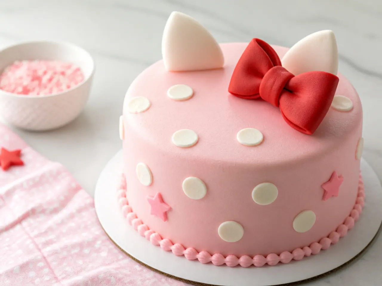 Classic pink Hello Kitty cake idea with red bow topper and white polka dots