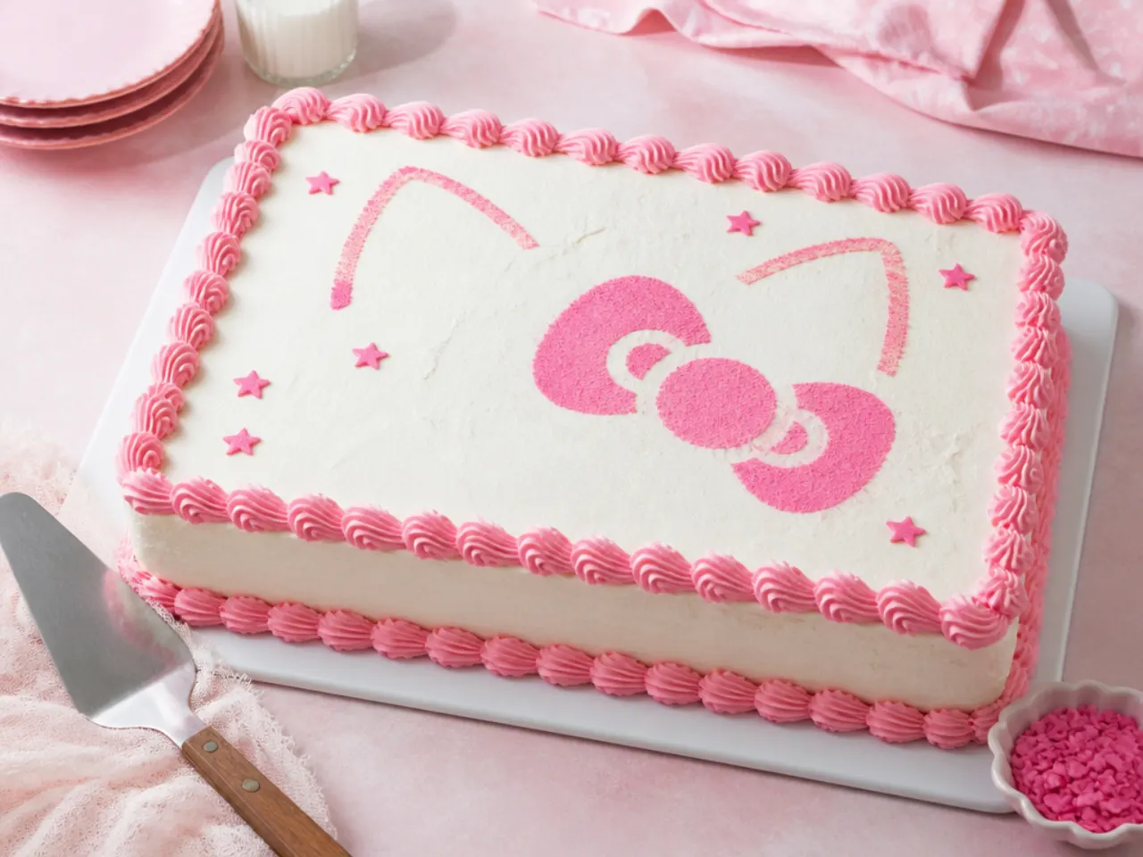 Easy Hello Kitty sheet cake idea with stencilled pink bow design
