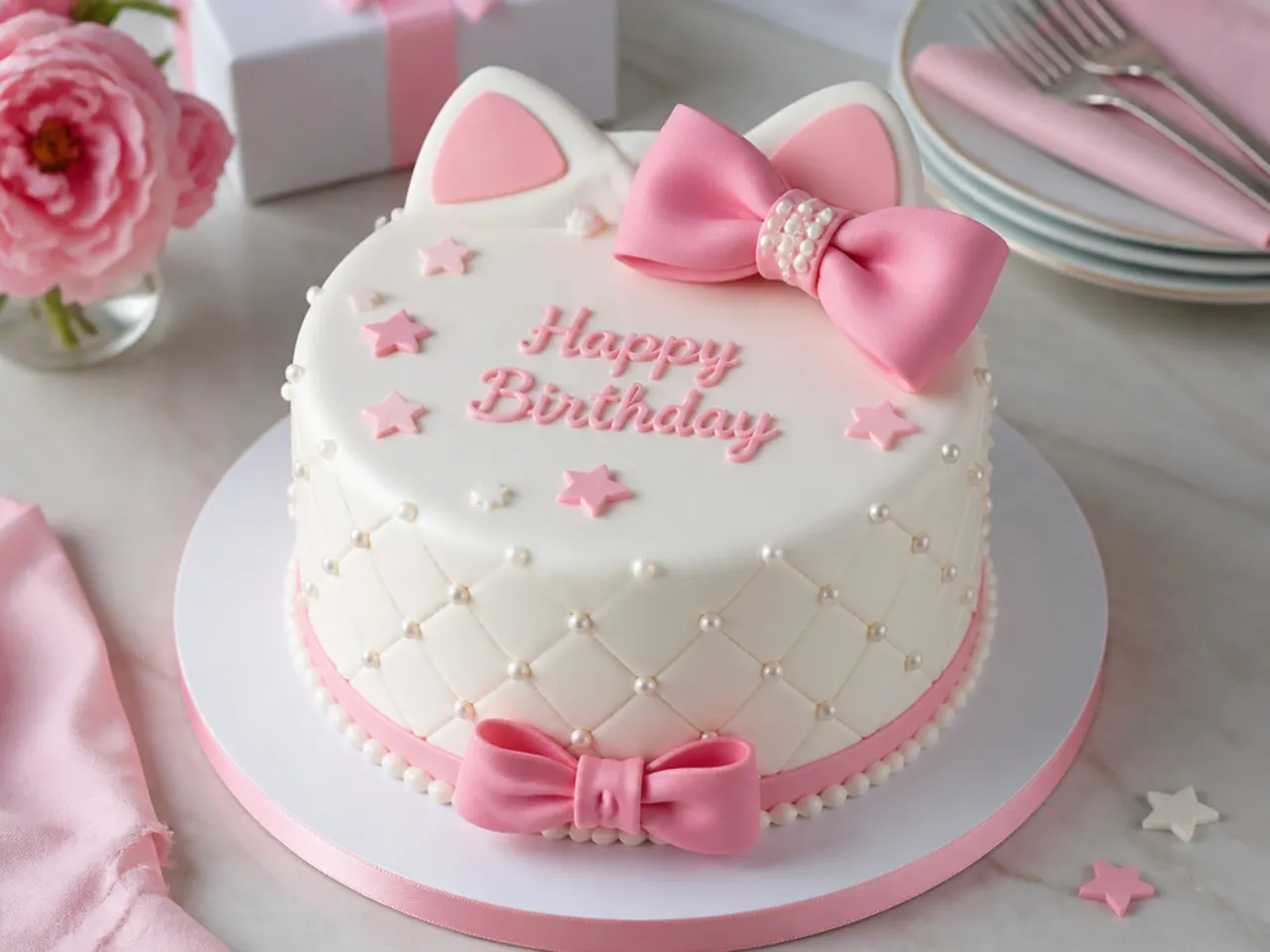 Elegant quilted Hello Kitty birthday cake with sugar pearls and pink bow