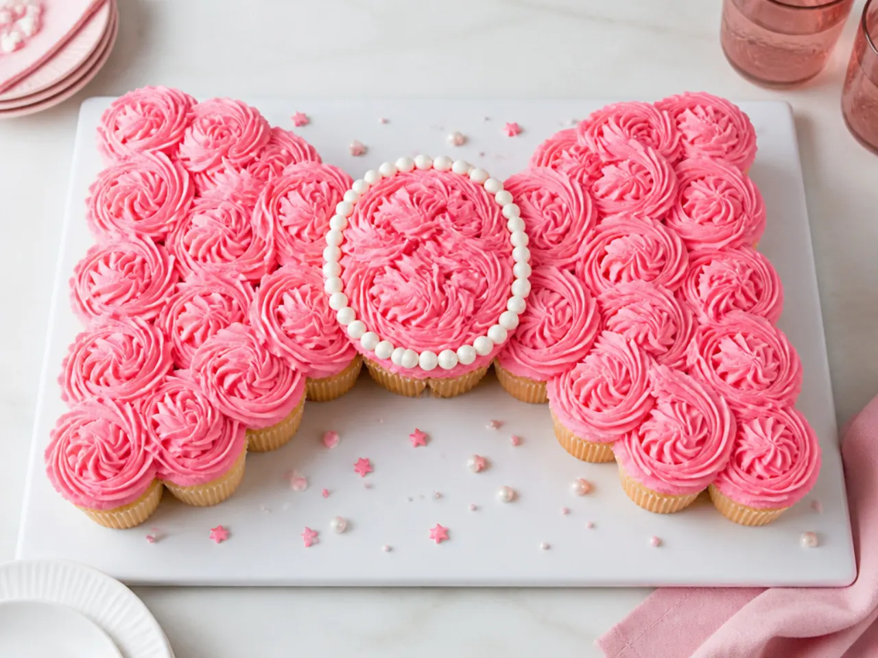 Hello Kitty pull-apart cupcake cake idea shaped like a giant pink bow