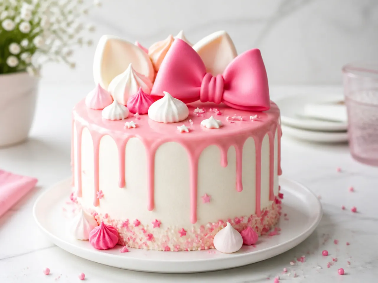 Modern pink drip Hello Kitty cake idea with meringue kisses and bow topper