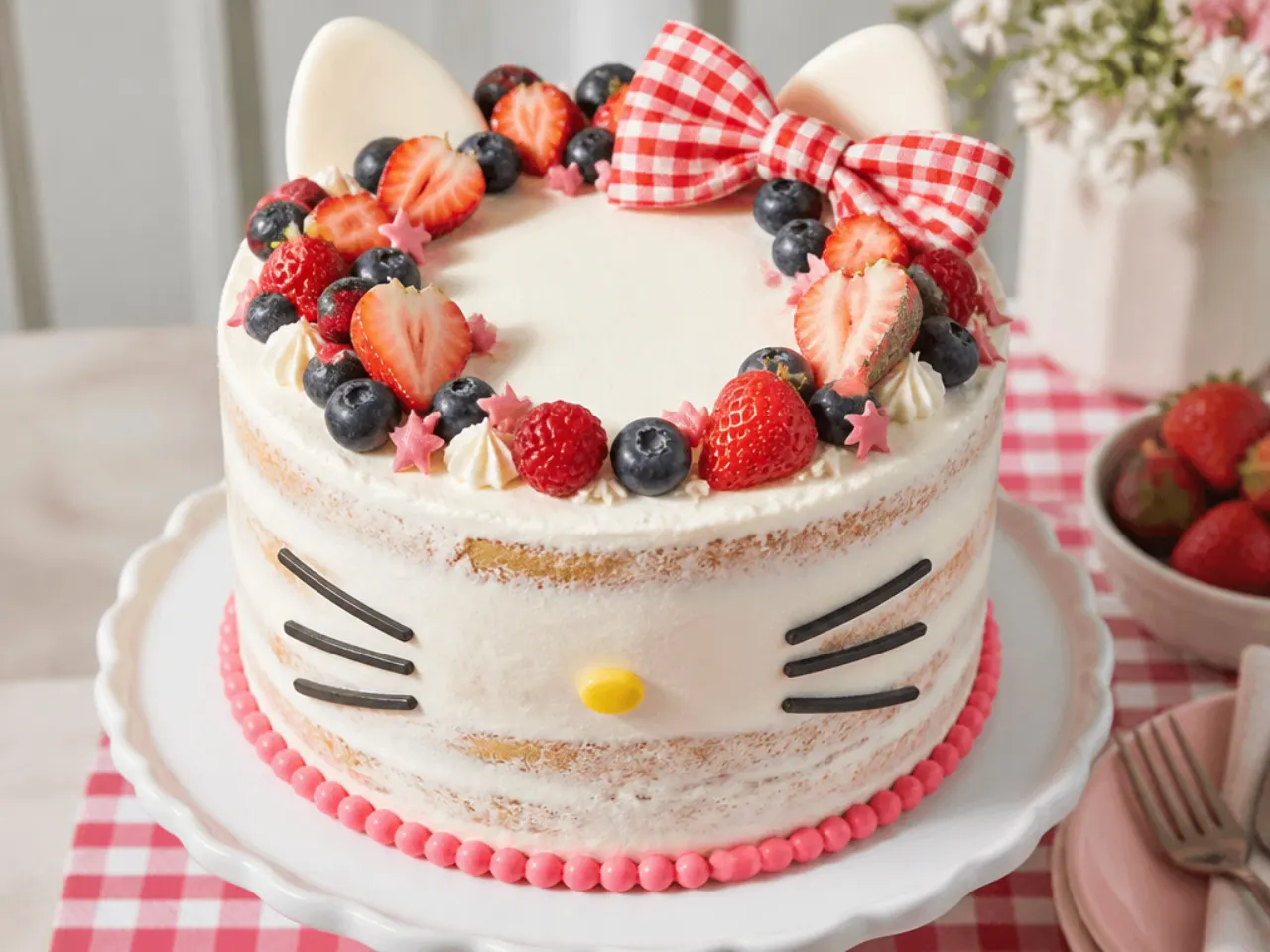 Rustic semi-naked Hello Kitty themed cake with fresh berries and gingham bow